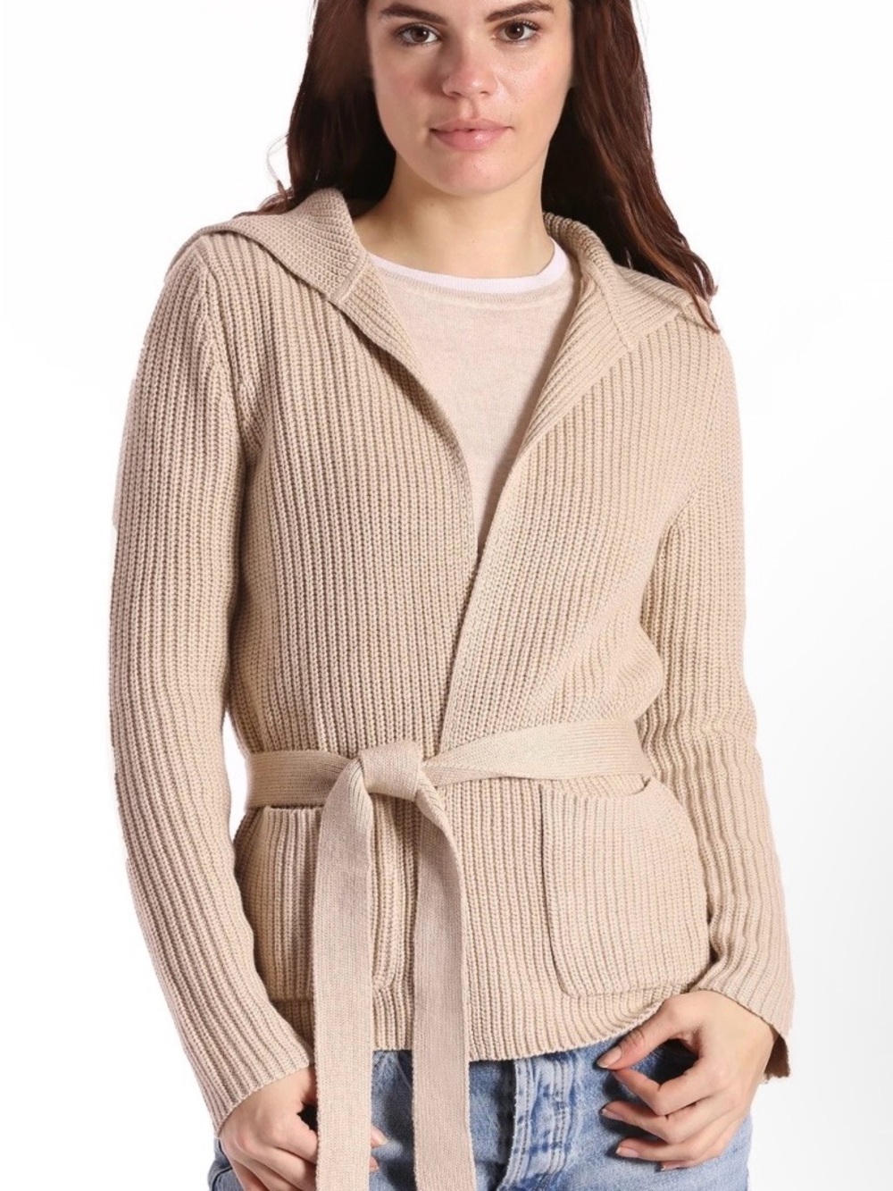 Minnie Rose Ribbed Tie-Belt Hooded Cardigan in Beige
